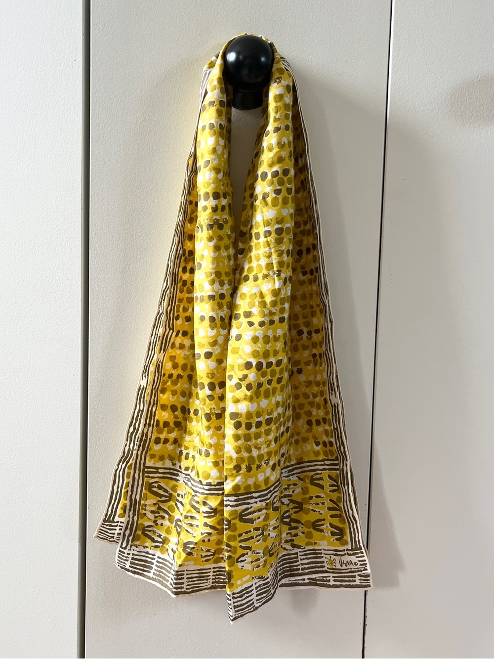 Vtg 70s Vera Neumann Silk Scarf Yellow Brown Geometric Oblong Japan MCM 14"x44”